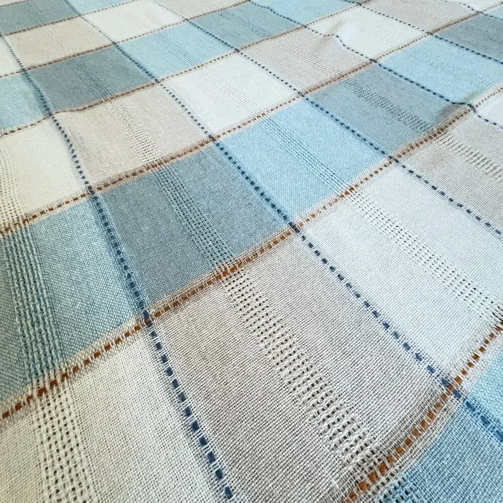 Vintage Blue Cream Plaid Round Tablecloth 64 Inch